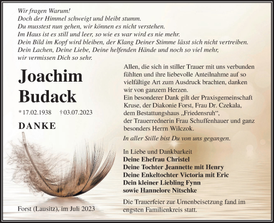 Traueranzeige von Joachim Budack von Lausitzer Rundschau