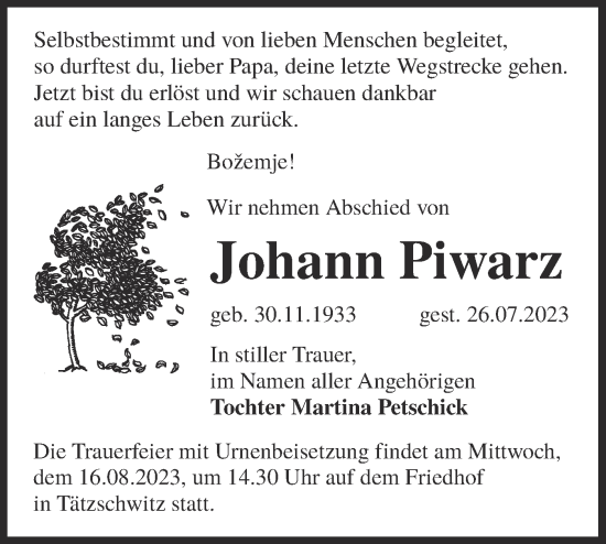 Traueranzeige von Johann Piwarz von Lausitzer Rundschau