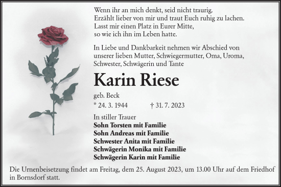 Traueranzeige von Karin Riese von Lausitzer Rundschau