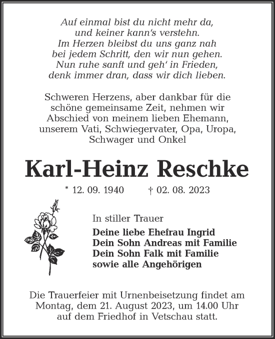 Traueranzeige von Karl-Heinz Reschke von Lausitzer Rundschau