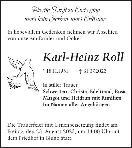 Traueranzeige von Karl-Heinz Roll von Lausitzer Rundschau