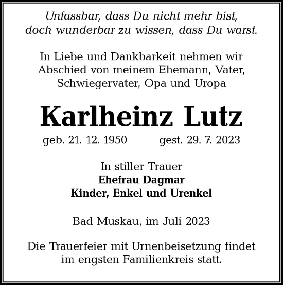 Traueranzeige von Karlheinz Lutz von Lausitzer Rundschau