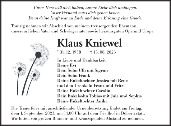 Traueranzeige von Klaus Kniewel von Lausitzer Rundschau