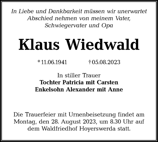 Traueranzeige von Klaus Wiedwald von Lausitzer Rundschau