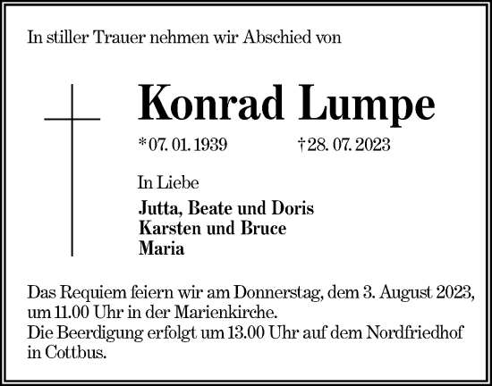 Traueranzeige von Konrad Lumpe von Lausitzer Rundschau