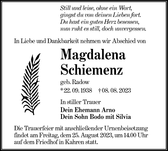 Traueranzeige von Magdalena Schiemenz von Lausitzer Rundschau