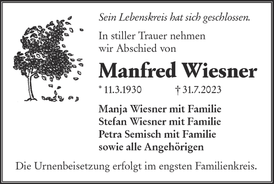 Traueranzeige von Manfred Wiesner von Lausitzer Rundschau