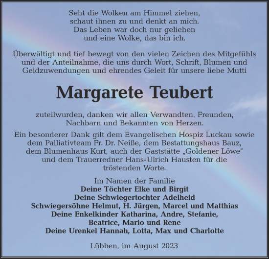 Traueranzeige von Margarete Teubert von Lausitzer Rundschau