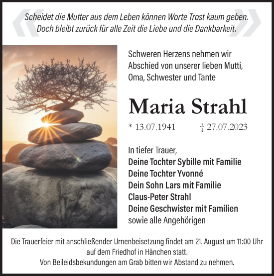 Traueranzeige von Maria Strahl von Lausitzer Rundschau