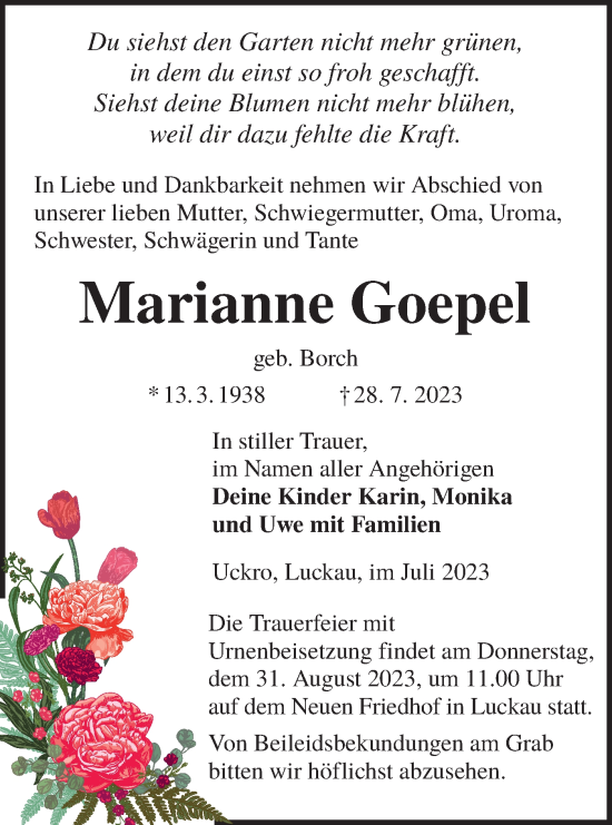 Traueranzeige von Marianne Goepel von Lausitzer Rundschau