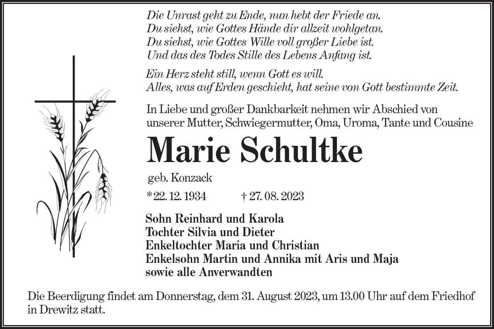  Traueranzeige für Marie Schultke vom 30.08.2023 aus Lausitzer Rundschau