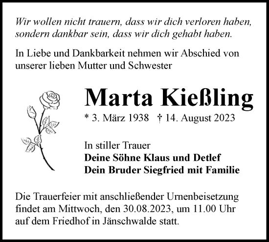 Traueranzeige von Marta Kießling von Lausitzer Rundschau