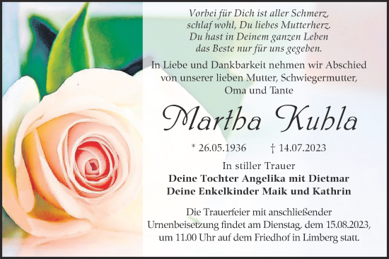 Traueranzeige von Martha Kuhla von Lausitzer Rundschau