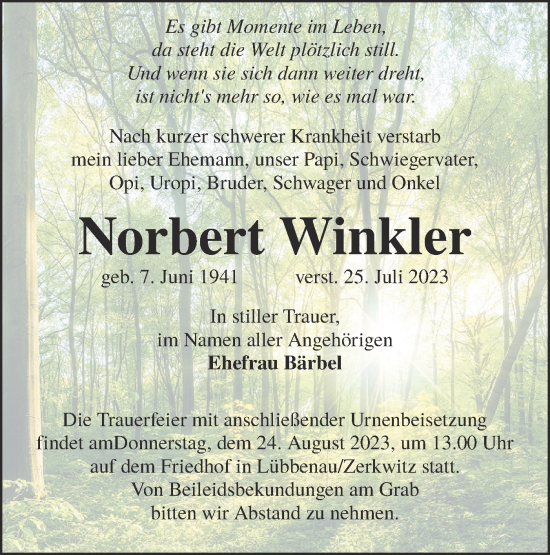 Traueranzeige von Norbert Winkler von Lausitzer Rundschau