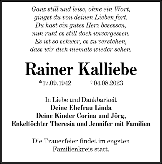 Traueranzeige von Rainer Kalliebe von Lausitzer Rundschau