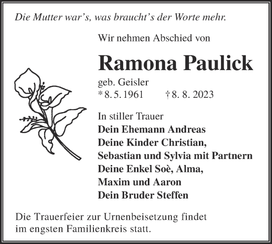 Traueranzeige von Ramona Paulick von Lausitzer Rundschau