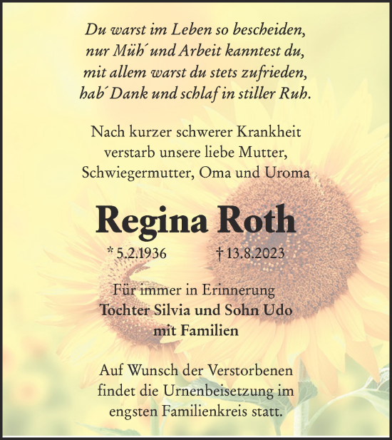 Traueranzeige von Regina Roth von Lausitzer Rundschau