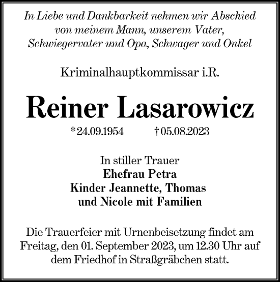 Traueranzeige von Reiner Lasarowicz von Lausitzer Rundschau