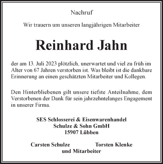 Traueranzeige von Reinhard Jahn von Lausitzer Rundschau