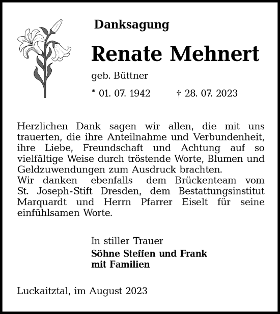 Traueranzeige von Renate Mehnert von Lausitzer Rundschau