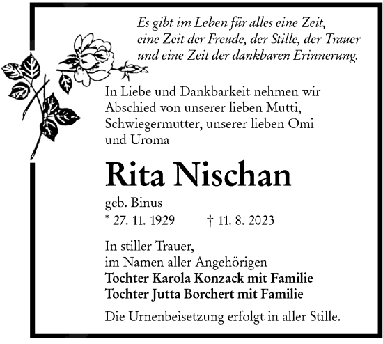 Traueranzeige von Rita Nischan von Lausitzer Rundschau