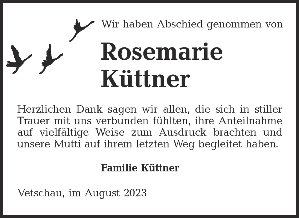  Traueranzeige für Rosemarie Küttner vom 12.08.2023 aus Lausitzer Rundschau