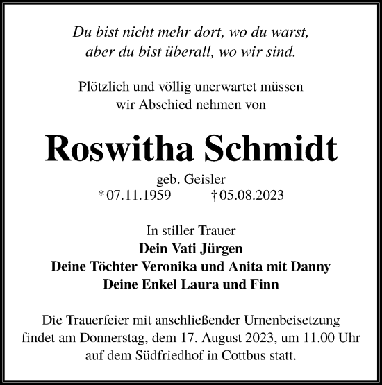 Traueranzeige von Roswitha Schmidt von Lausitzer Rundschau