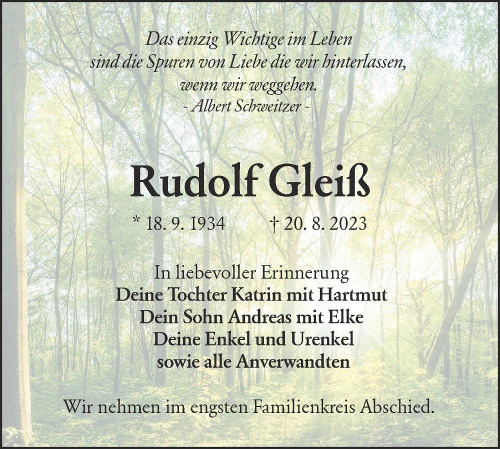  Traueranzeige für Rudolf Gleiß vom 26.08.2023 aus Lausitzer Rundschau