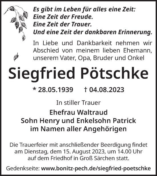 Traueranzeige von Siegfried Pötschke von Lausitzer Rundschau