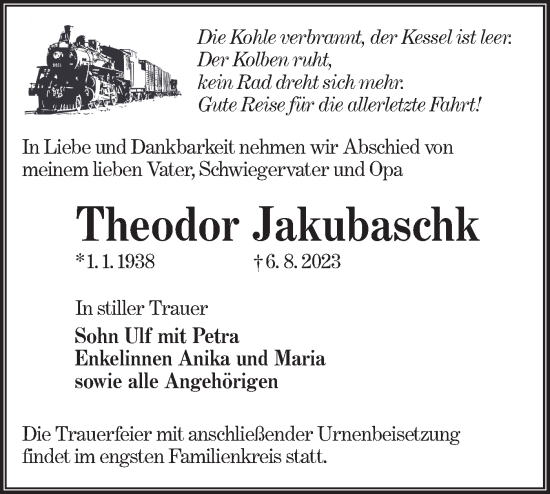 Traueranzeige von Theodor Jakubaschk von Lausitzer Rundschau