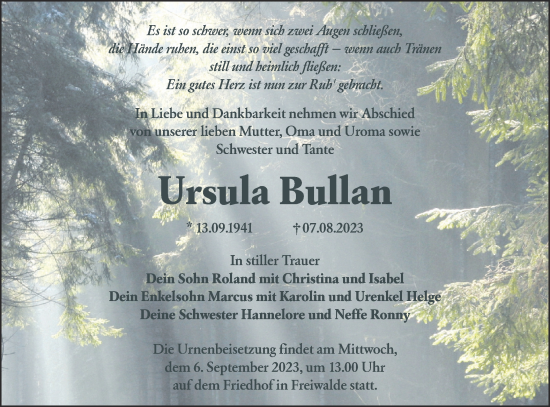 Traueranzeige von Ursula Bullan von Lausitzer Rundschau