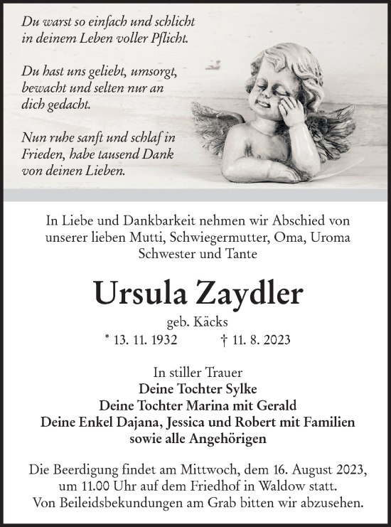 Traueranzeige von Ursula Zaydler von Lausitzer Rundschau