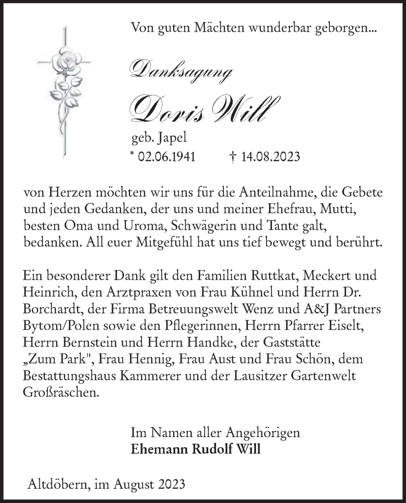  Traueranzeige für Doris Will vom 09.09.2023 aus Lausitzer Rundschau