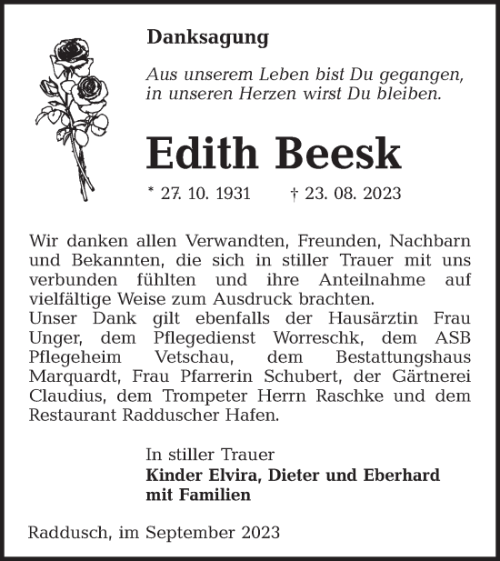 Traueranzeige von Edith Beesk von Lausitzer Rundschau