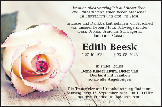 Traueranzeige von Edith Beesk von Lausitzer Rundschau
