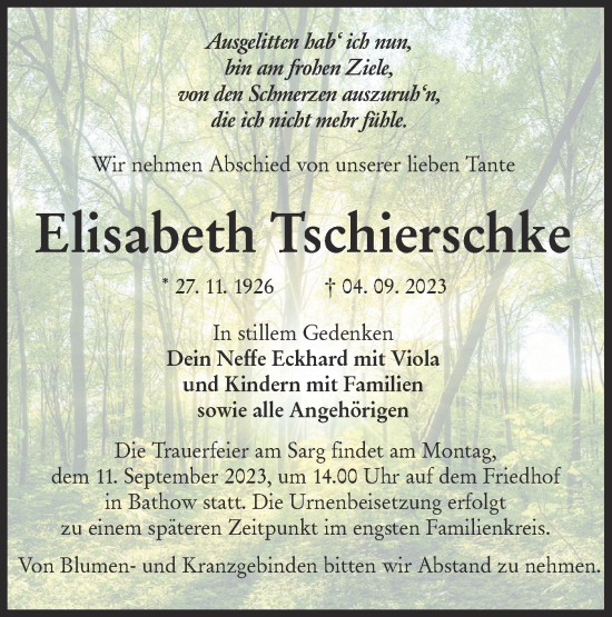 Traueranzeige von Elisabeth Tschierschke von Lausitzer Rundschau