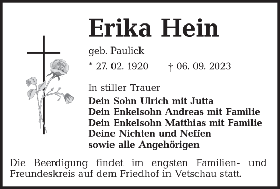 Traueranzeige von Erika Hein von Lausitzer Rundschau