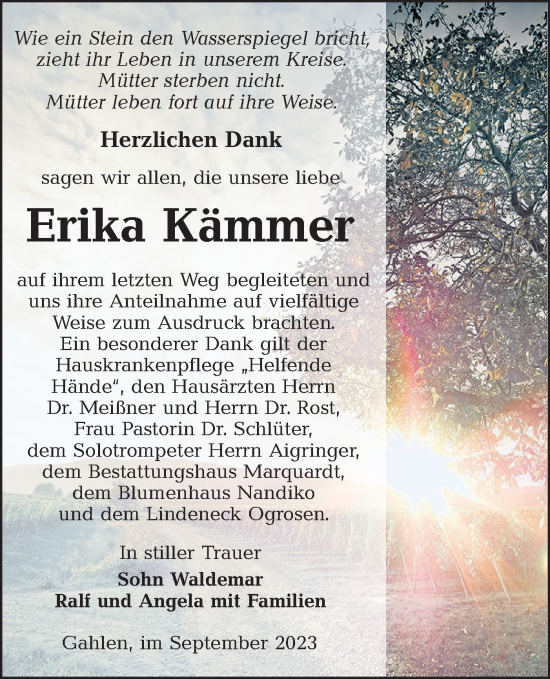 Traueranzeige von Erika Kämmer von Lausitzer Rundschau