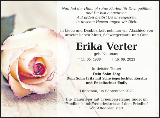 Traueranzeige von Erika Verter von Lausitzer Rundschau
