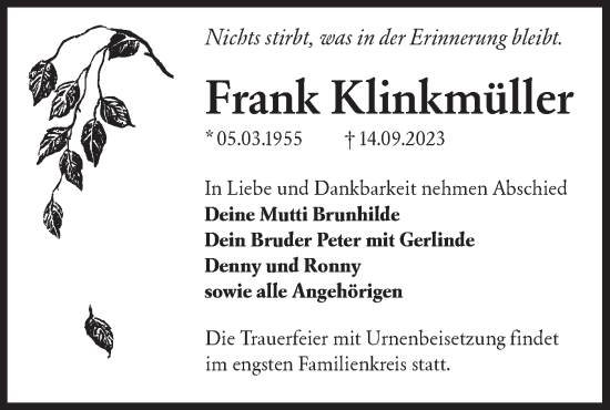 Traueranzeige von Frank Klinkmüller von Lausitzer Rundschau