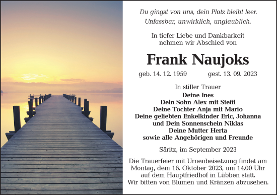 Traueranzeige von Frank Naujoks von Lausitzer Rundschau