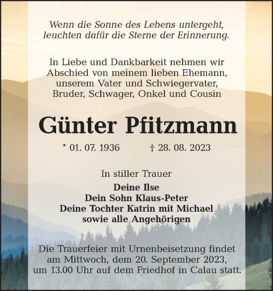 Traueranzeige von Günter Pfitzmann von Lausitzer Rundschau
