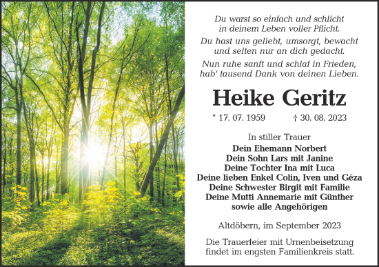 Traueranzeige von Heike Geritz von Lausitzer Rundschau