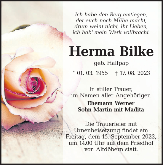 Traueranzeige von Herma Bilke von Lausitzer Rundschau