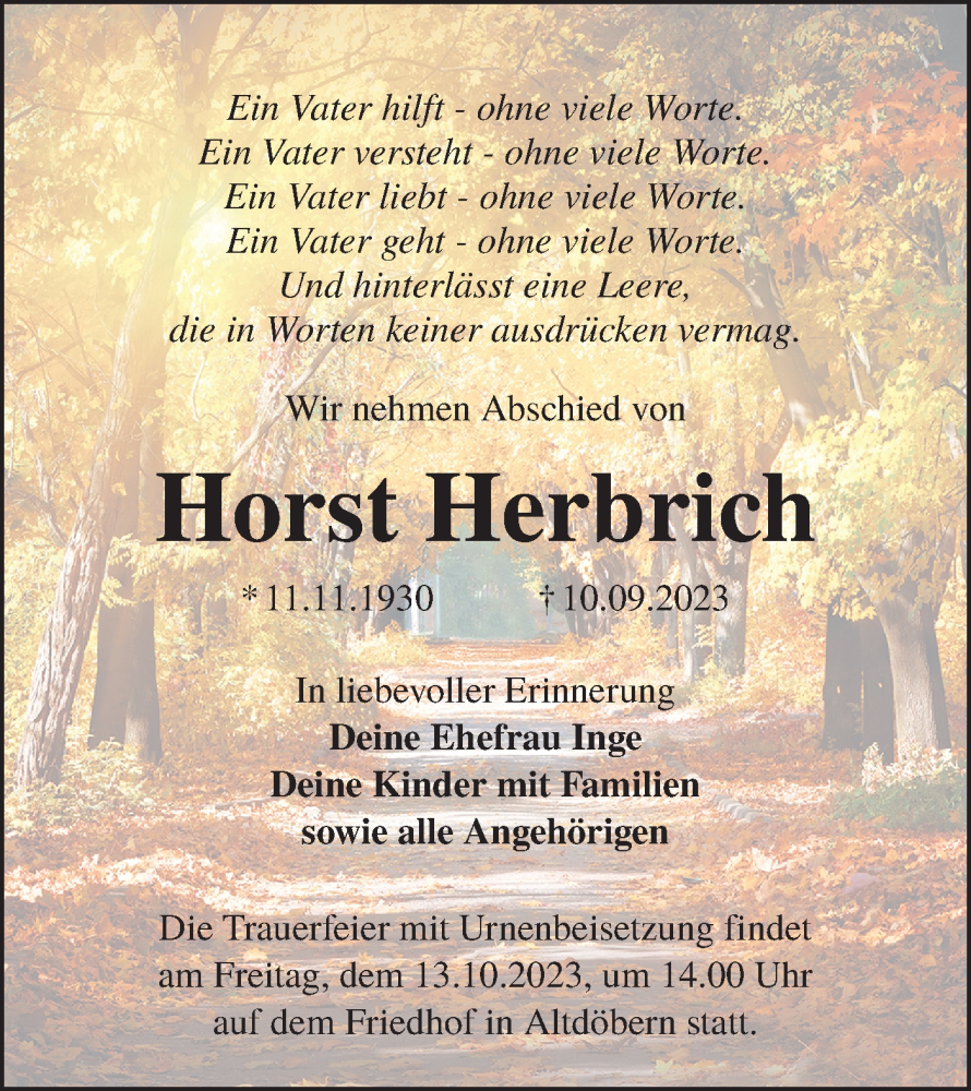  Traueranzeige für Horst Herbrich vom 23.09.2023 aus Lausitzer Rundschau