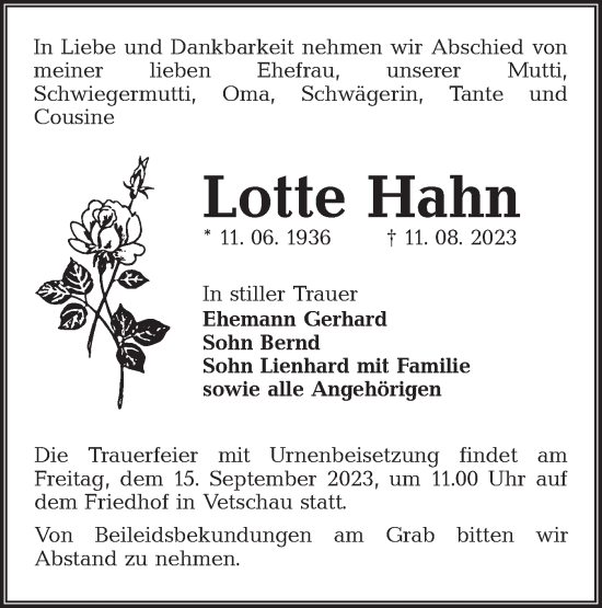 Traueranzeige von Lotte Hahn von Lausitzer Rundschau