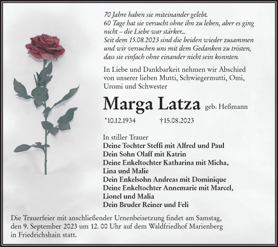 Traueranzeige von Marga Latza von Lausitzer Rundschau