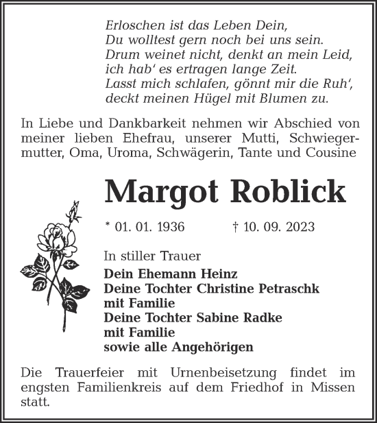 Traueranzeige von Margot Roblick von Lausitzer Rundschau