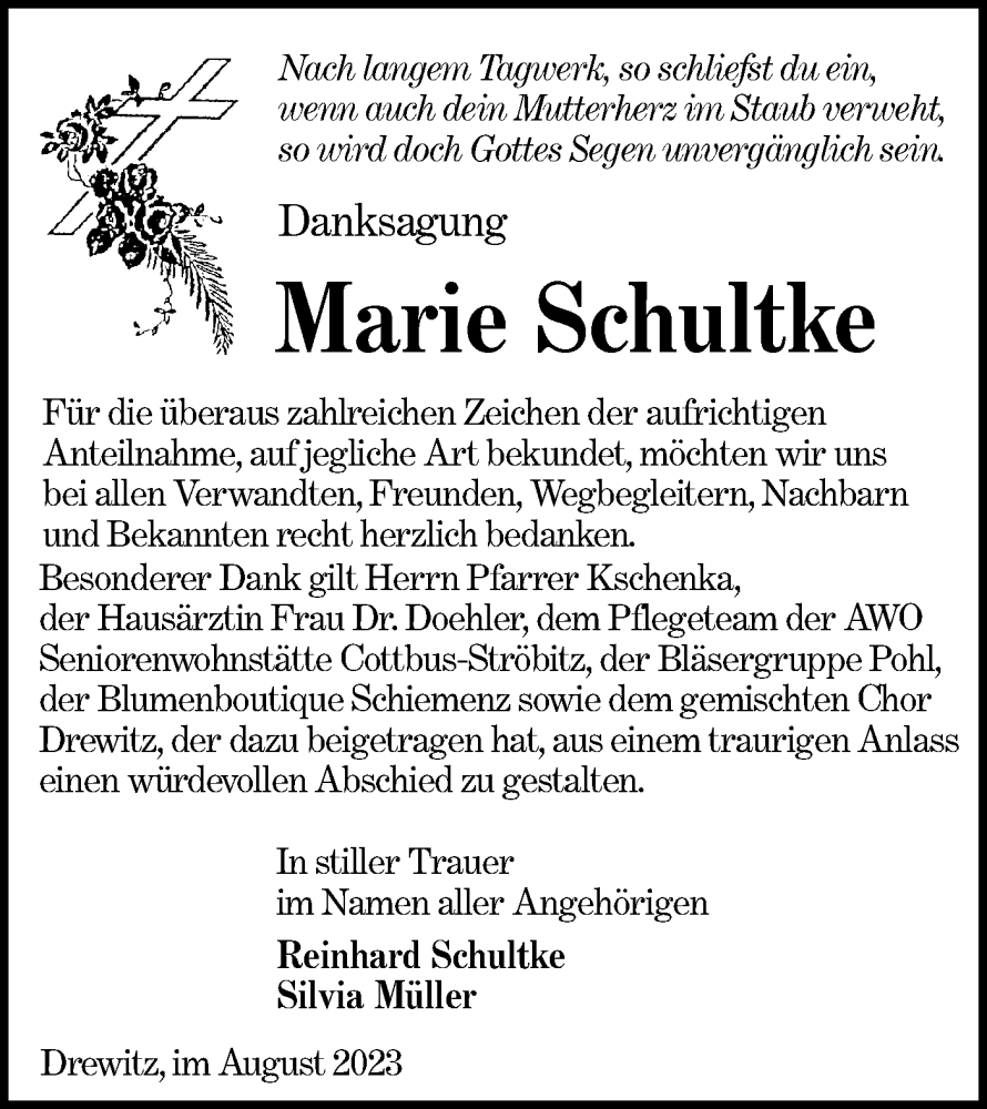 Traueranzeige für Marie Schultke vom 09.09.2023 aus Lausitzer Rundschau