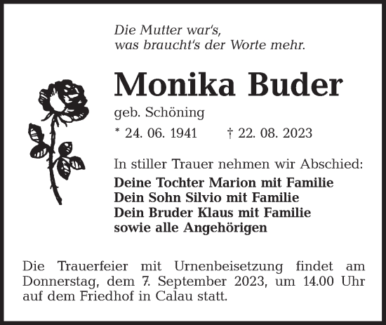 Traueranzeige von Monika Buder von Lausitzer Rundschau
